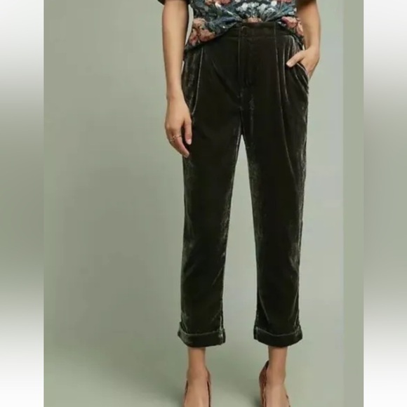 ett:twa Anthro velvet pocketed cuff trouser pants taupe S - Picture 11 of 11